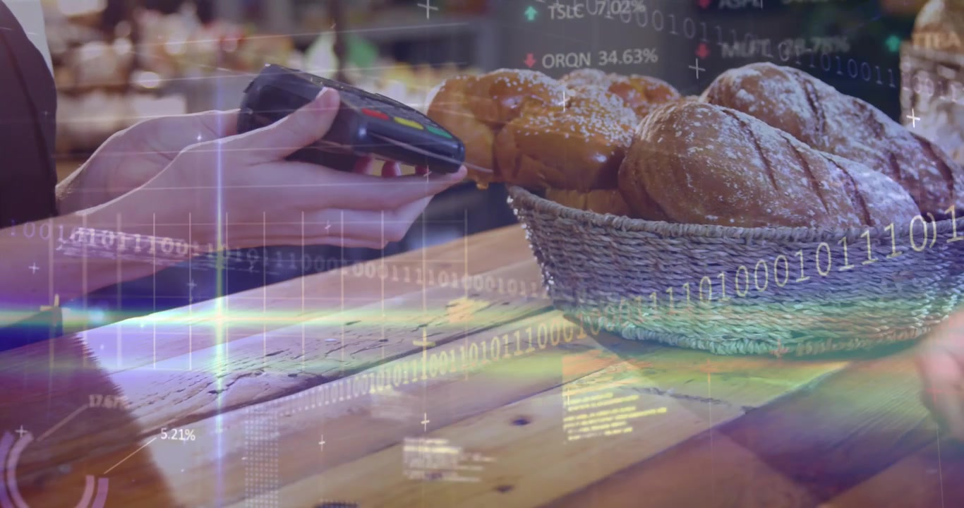 Animation of computer language, trading board over cropped hand of woman inserting password