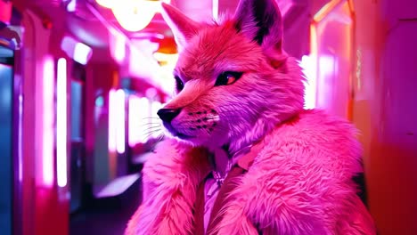 a person in a pink fur coat standing in a hallway