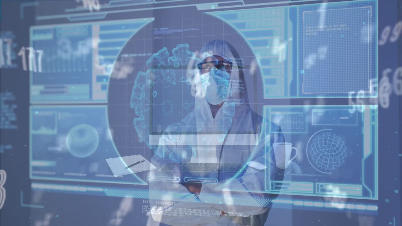 마스크와 ppe 복장을 입은 백인 남성 의사에 대한 과학 데이터 처리 애니메이션