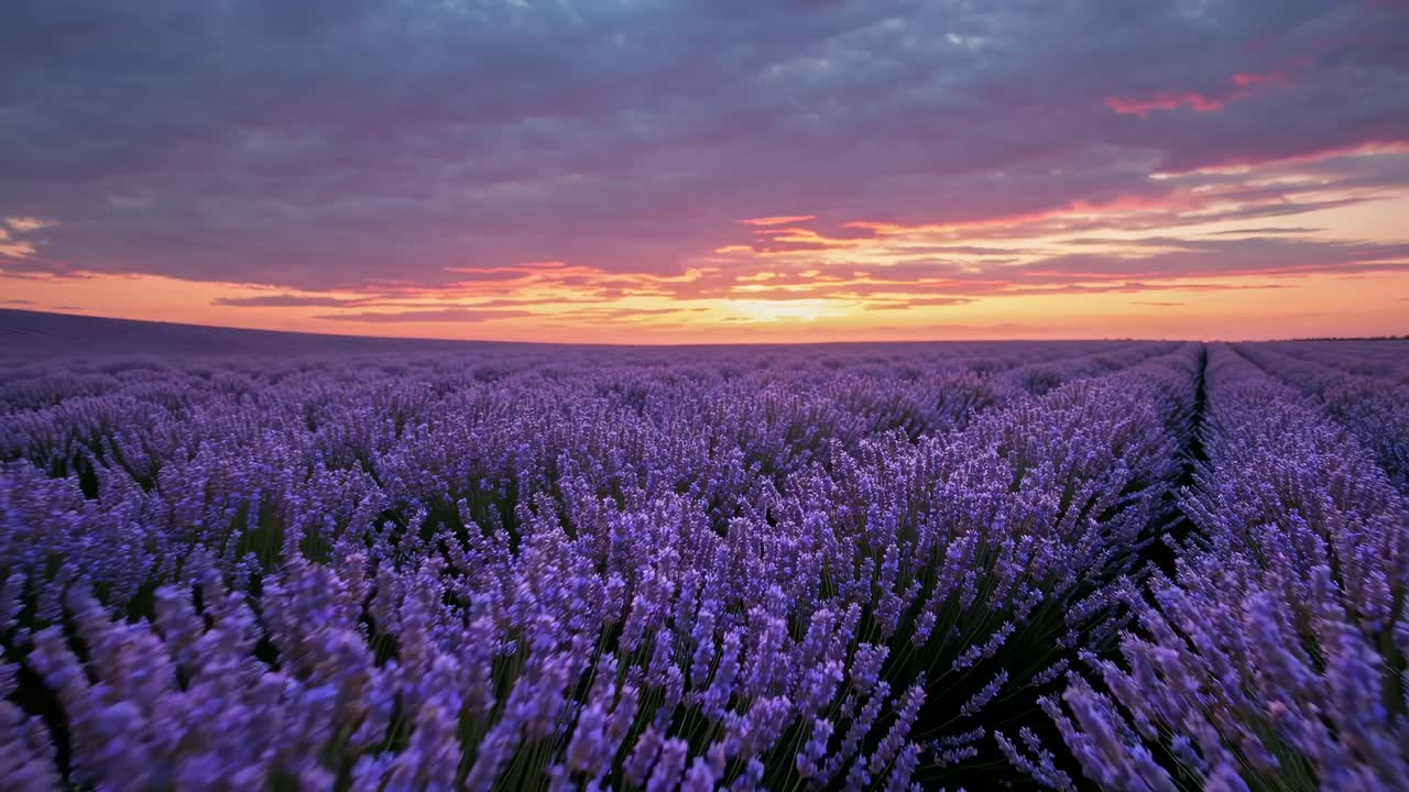 Un video grandangolare cattura uno splendido campo di lavanda al tramonto, con vivaci tonalità viola