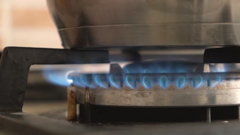 un primer plano de un fuego azul de una estufa de cocina doméstica. una cocina de gas con llamas ardientes de gas propano.