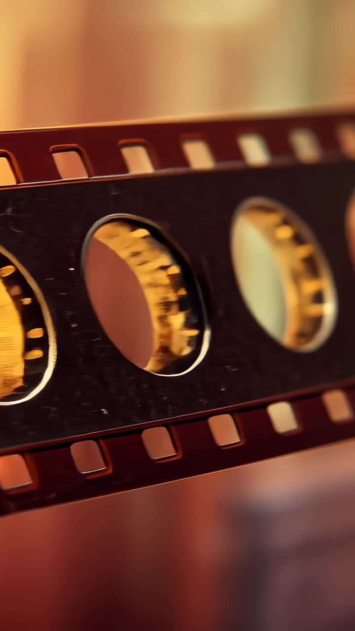 Vertical video: Sliding filmstrip moving across warm studio shifting golden rings, sprocket holes