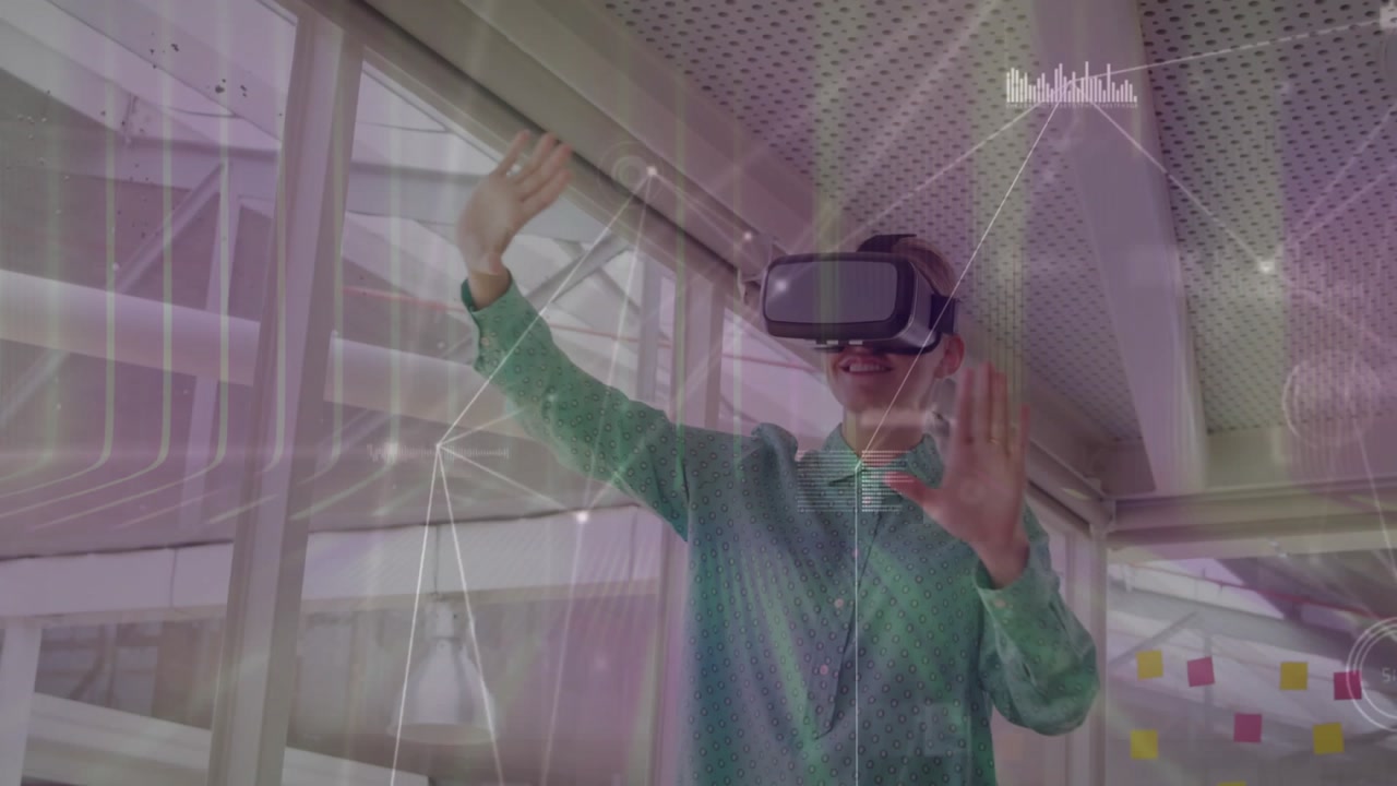 Woman adjusting virtual reality headset in technology lab, displaying interactive network graphics