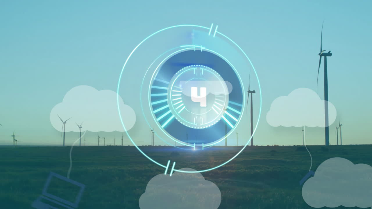Digital countdown overlaying wind turbines in field, generating renewable energy