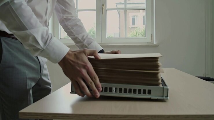 Muž v pracovním oděvu vytahuje podnos z přihrádky a skládá manilové složky na archivační stůl ke kontrole
