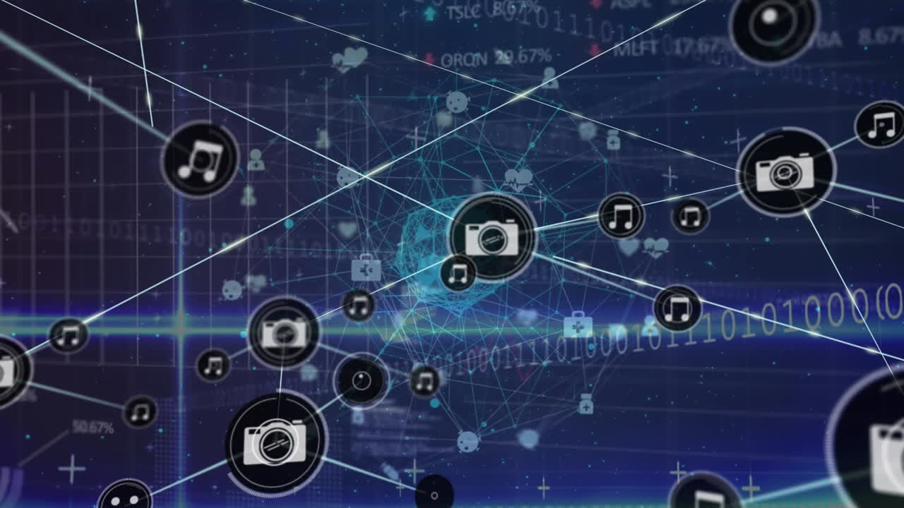 animación de la codificación binaria, red de conexiones y procesamiento de datos.