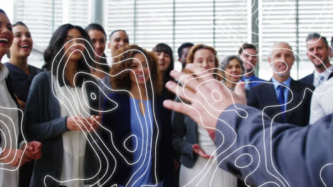 Animation-of-isohypses-over-diverse-male-and-female-business-colleagues-clapping-hands-in-office