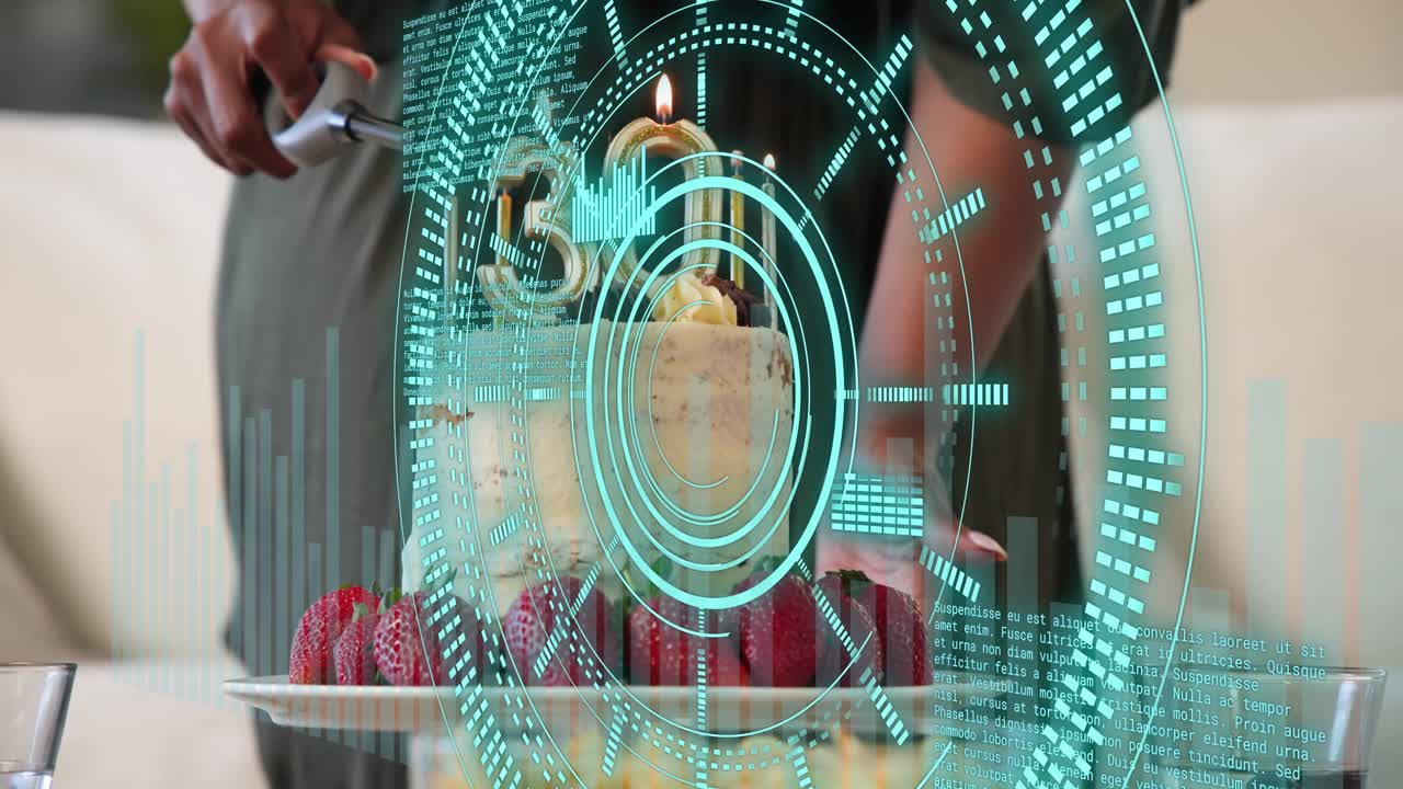 Woman placing 30 candles on cake, torching wicks for birthday, teal HUD overlaying cake and hands