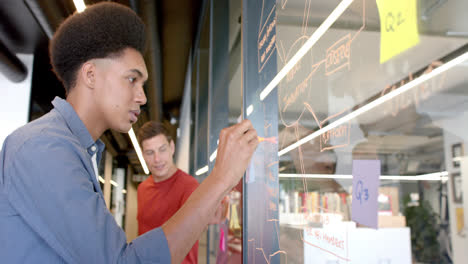 biracial male creative brainstorming with diverse colleagues making notes on glass wall, slow motion