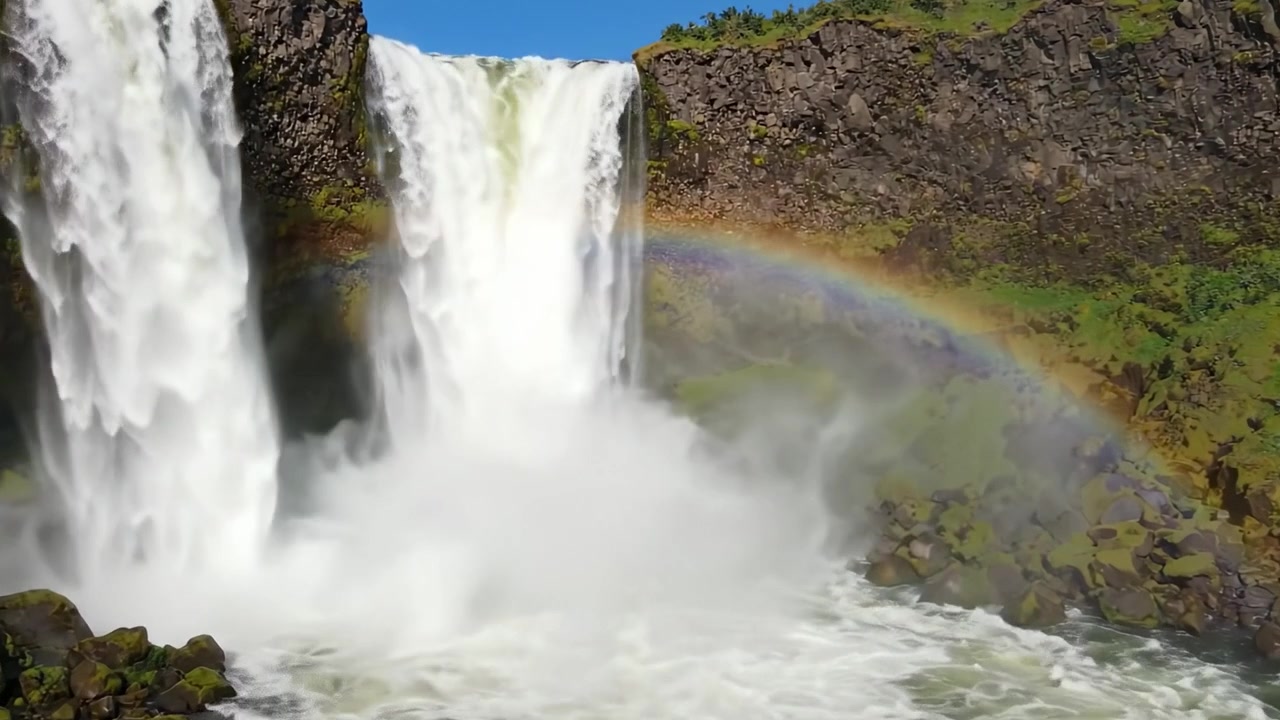 Impresionantes Cascadas Gemelas Capturadas en Majestuoso Esplendor con un Vibrante Arcoíris Cruzando la Escena, Mostrando la Belleza y el Poder de la Naturaleza