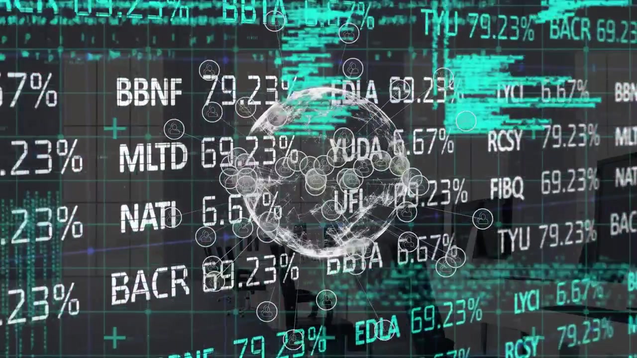 Animation of financial data processing over globe with icons