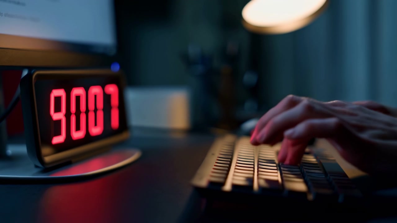 Right hand typing on keyboard beside glowing digital alarm clock with bright red seven-segment numerals, showing busy desk activity, night work mood, reflective surfaces, and strong color contrast