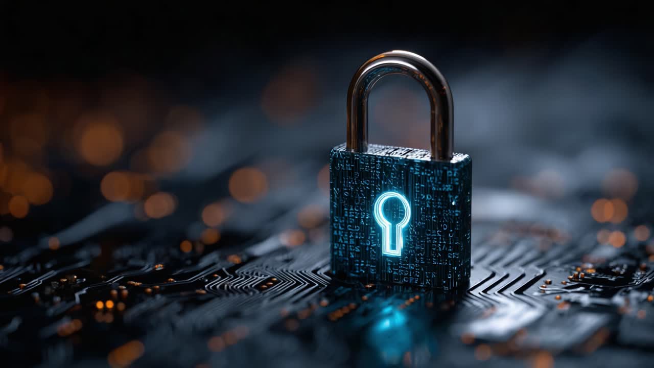 A Digital Enigma: Exploring the Concept of Security Through a Luminous Lock on a Circuit Board Background Representing Data Protection and Cybersecurity Innovations