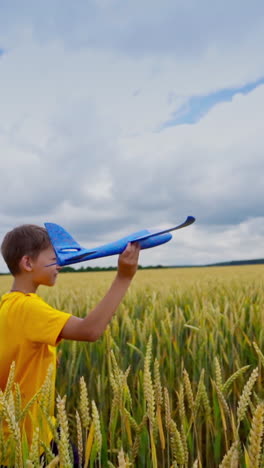happy boy plays outdoors. cute child holds toy play and turns around joyfully. kid on yellow field playing alone. vertical video