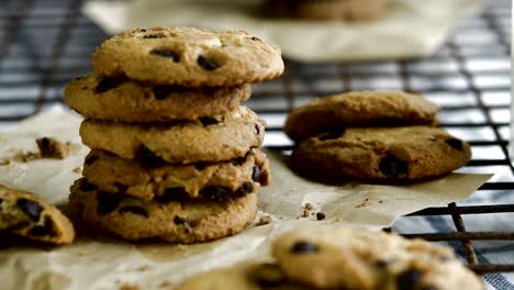 chocolate chip cookies and glass of milk for breakfast. 4k close-up shot