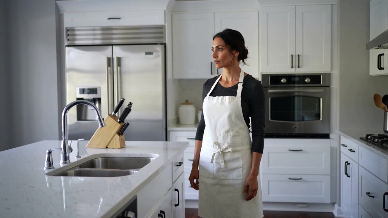Mujer girando en la isla de la cocina, con delantal blanco y top oscuro, revisando un área fuera de la vista.