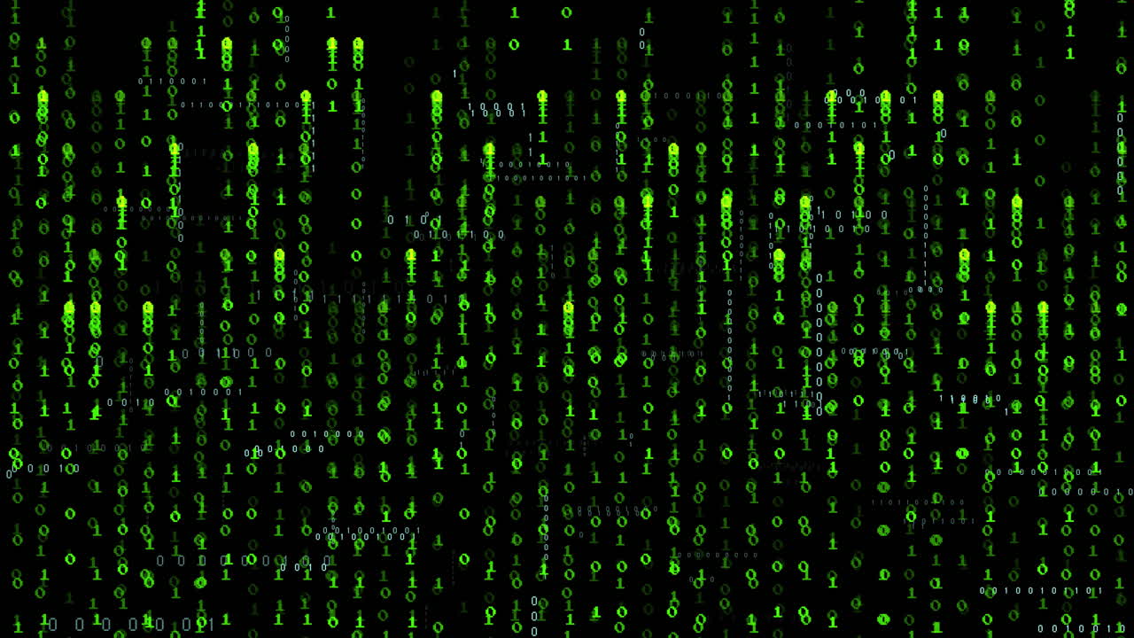 초록색 불빛의 애니메이션과 검은색 배경의 이진 데이터 처리