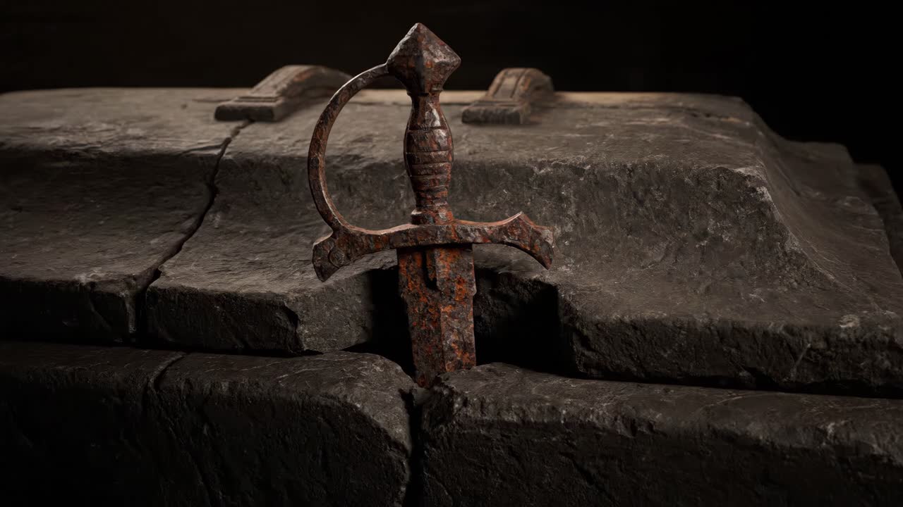 Ancient artifacts and a sword in a stone