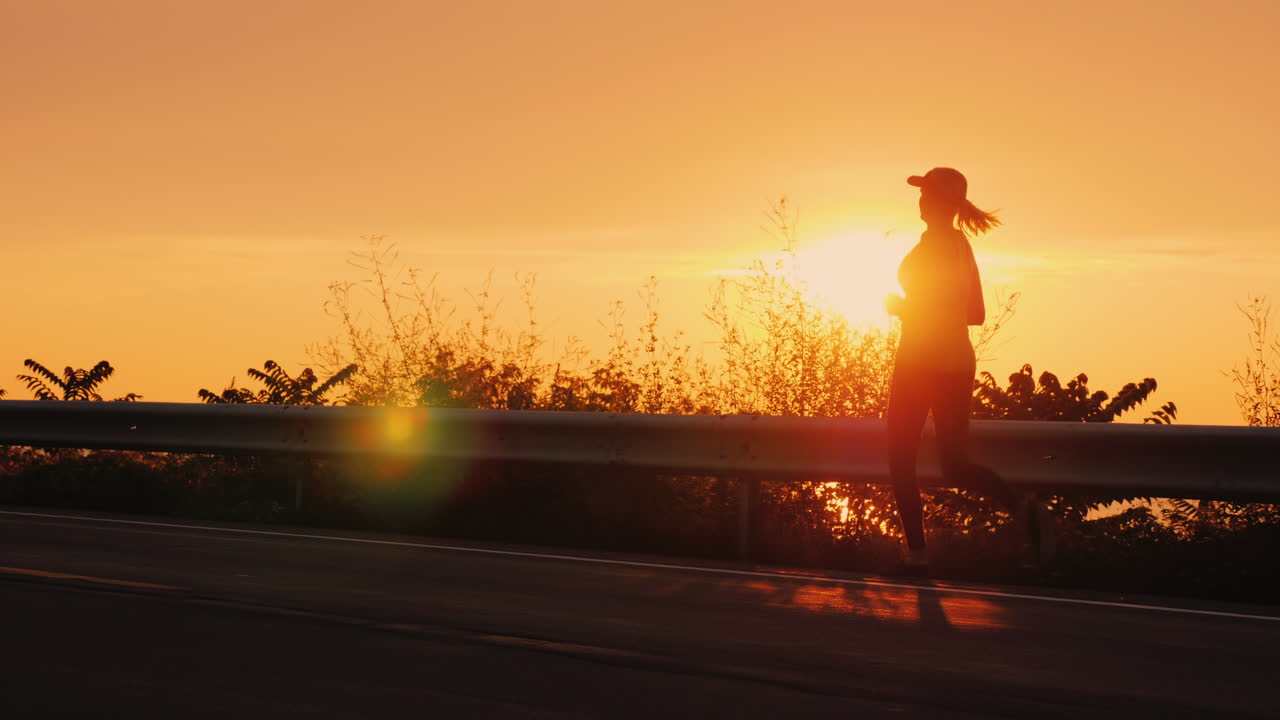silueta de una joven mujer activa trotando por una carretera cerca del mar al atardecer