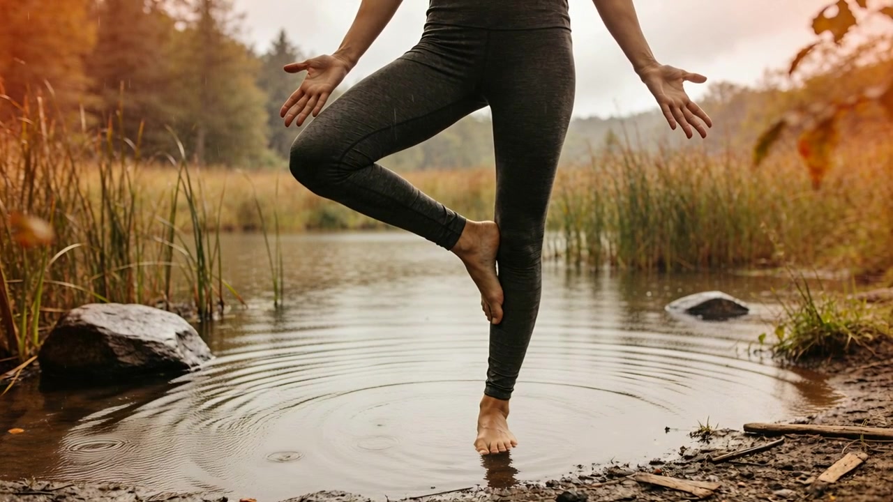 Donna in equilibrio con leggings scuri che preme il piede nell'acqua del lago, creando increspature per mantenere l'equilibrio.