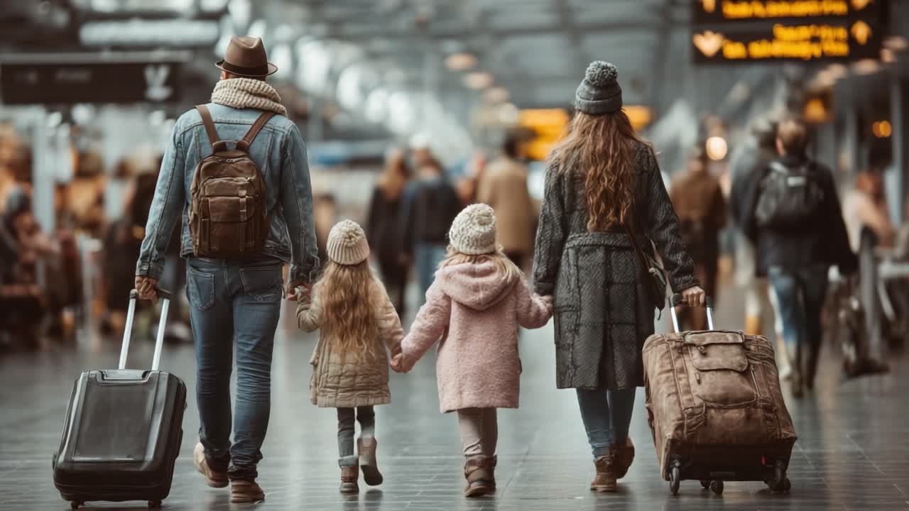 Family Journey: A Heartwarming Moment at the Airport as They Set Off on an Adventure, Holding Hands and Carrying Luggage Together Through the Busy Terminal