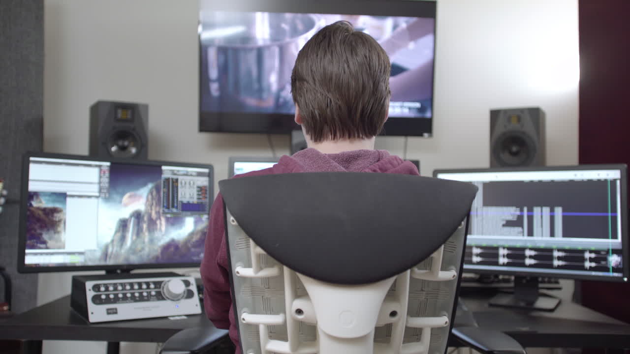 dolly regresa del mezclador de sonido en el estudio mientras trabaja en un proyecto