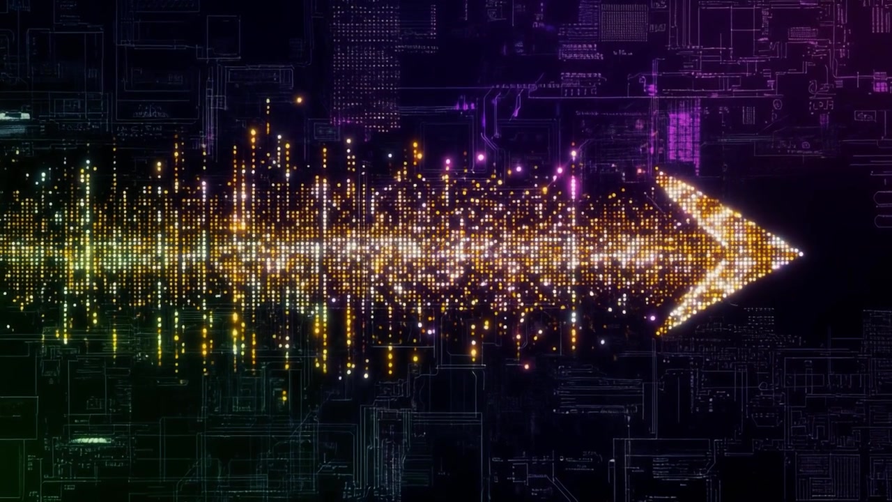 Digital Arrow Symbol Formed by Glowing Particles on Circuit Board Background