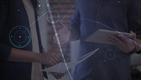 discussing documents, two people using tablet over digital network connections animation