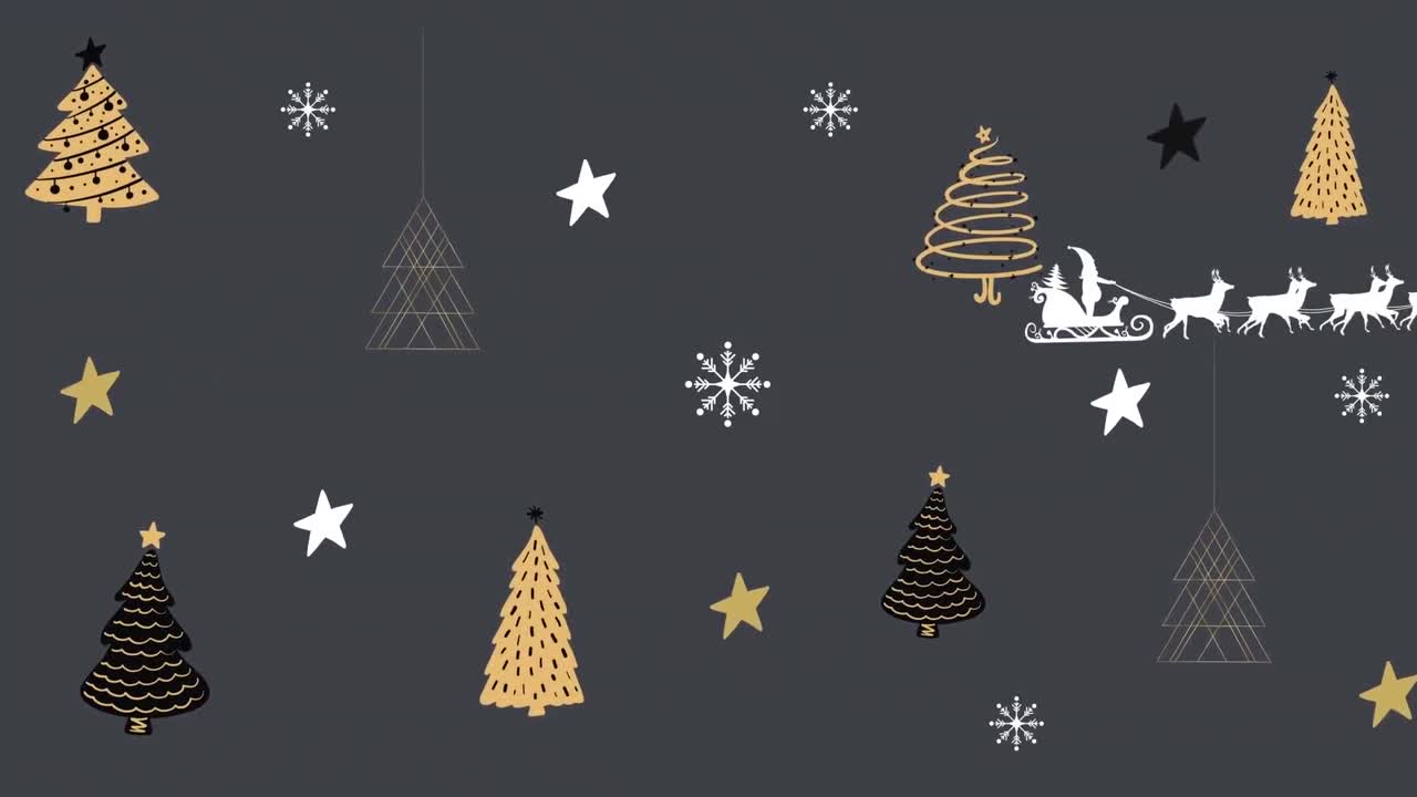 animación de santa claus en trineo con renos sobre estrellas y textura de árbol de navidad