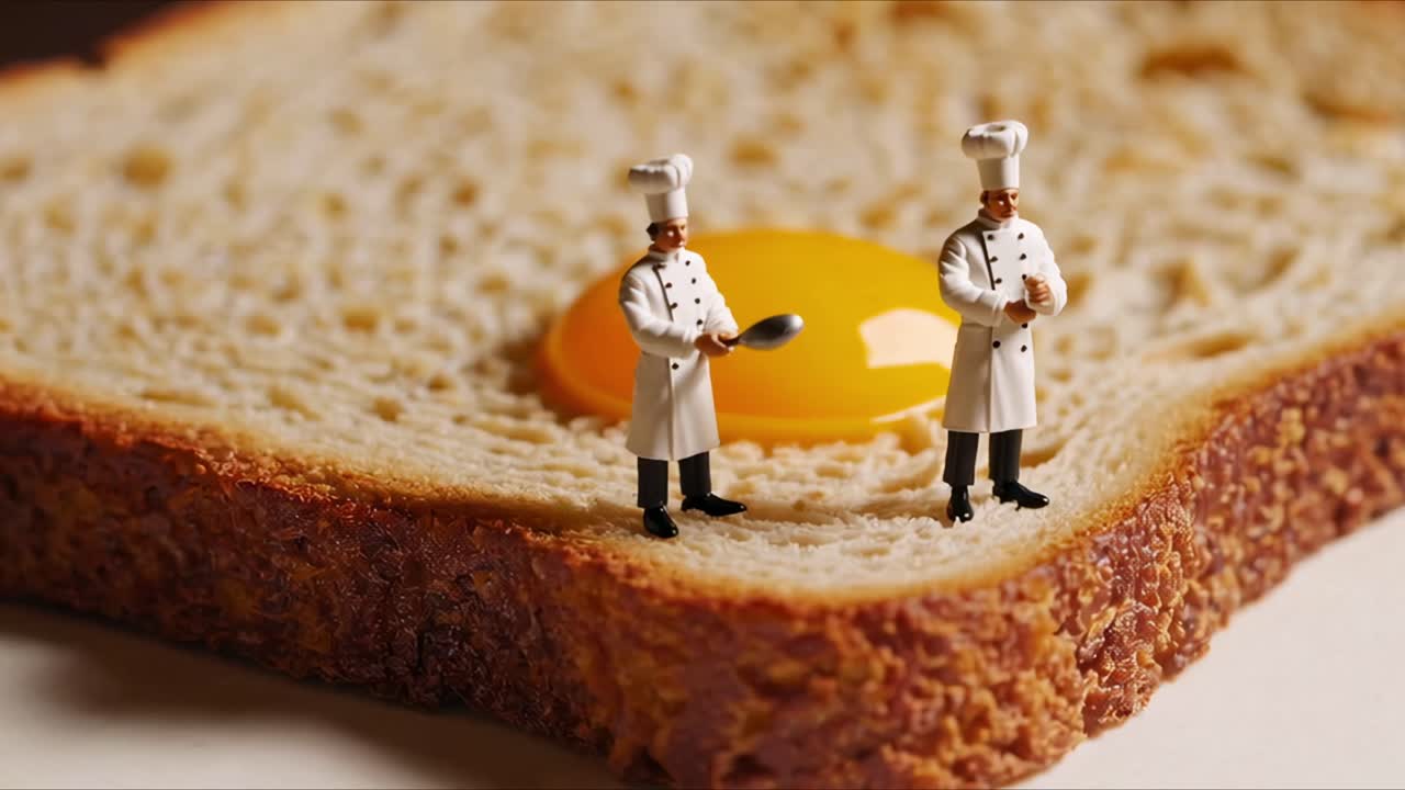 Miniature chefs collaborating on bread slice, carefully preparing fried egg against pristine white background, showcasing intricate culinary artistry through tiny figurines