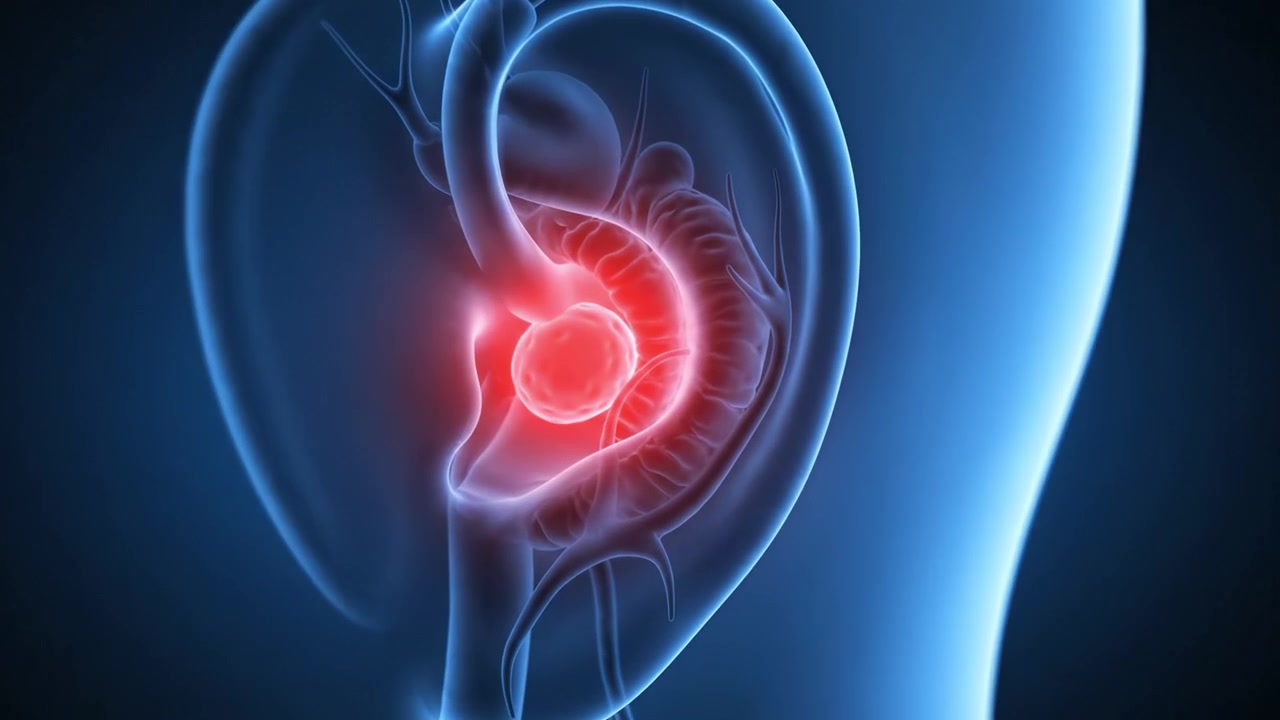 Illustrazione dell'orecchio umano: un focus sull'anatomia che evidenzia la struttura dell'orecchio interno, con una transizione visiva dal normale all'indicazione di un'area problematica.