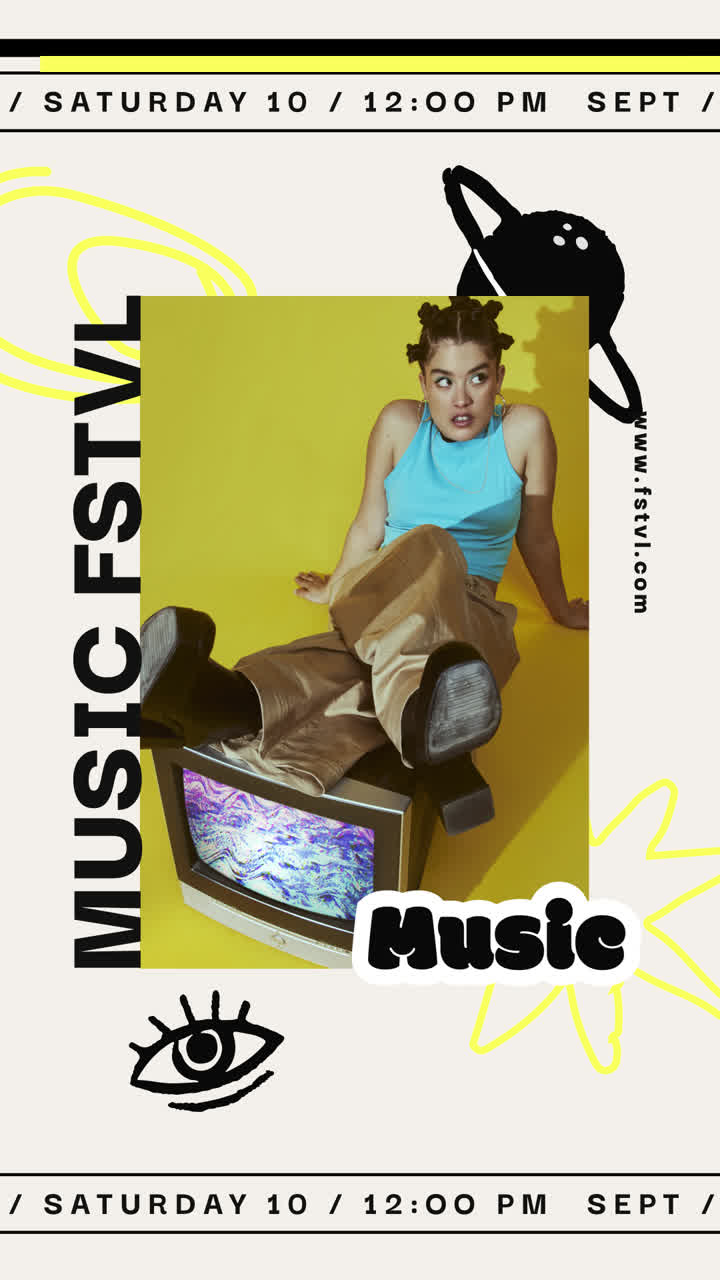 Vibrant Music Festival Event Poster with Woman and Retro TV