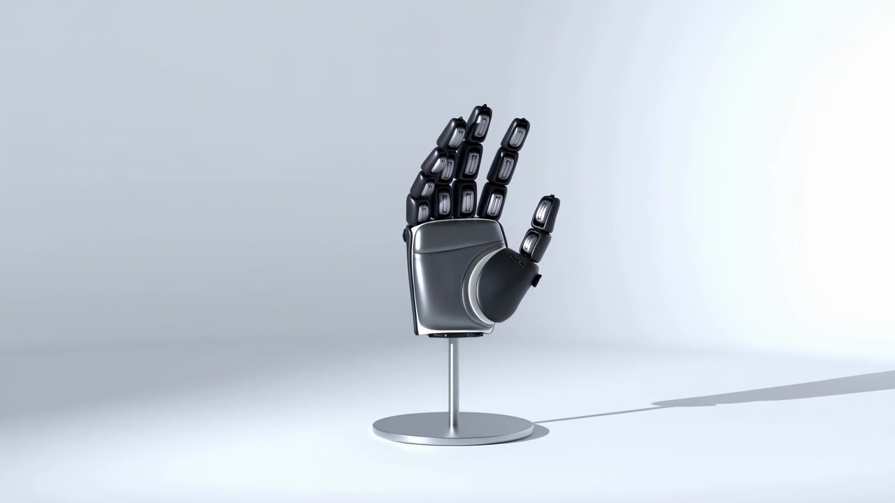 Jointed mechanical fingers gradually bend as silver hand turns away from frontal view, remaining centered on circular pedestal against softly lit white background and shifting cast shadow.