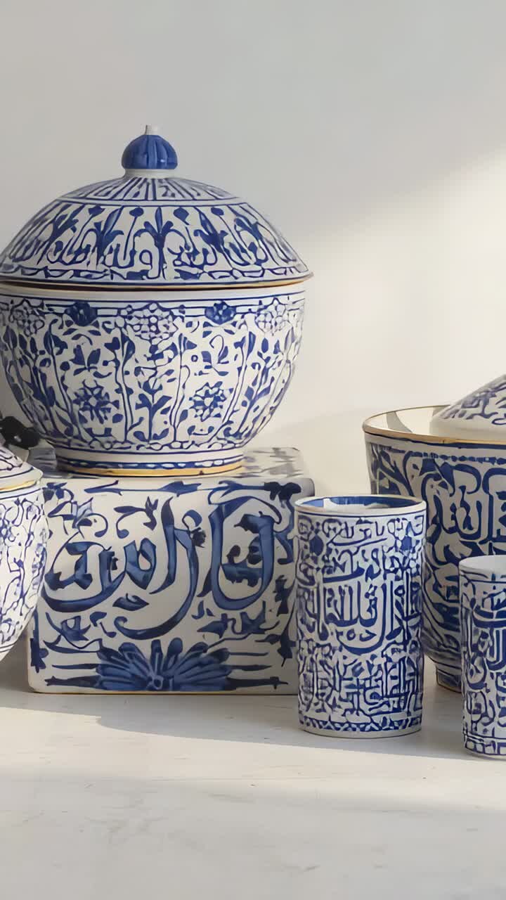 Vertical video: Panning camera starting right across blue jar and cups on shelf, showing script