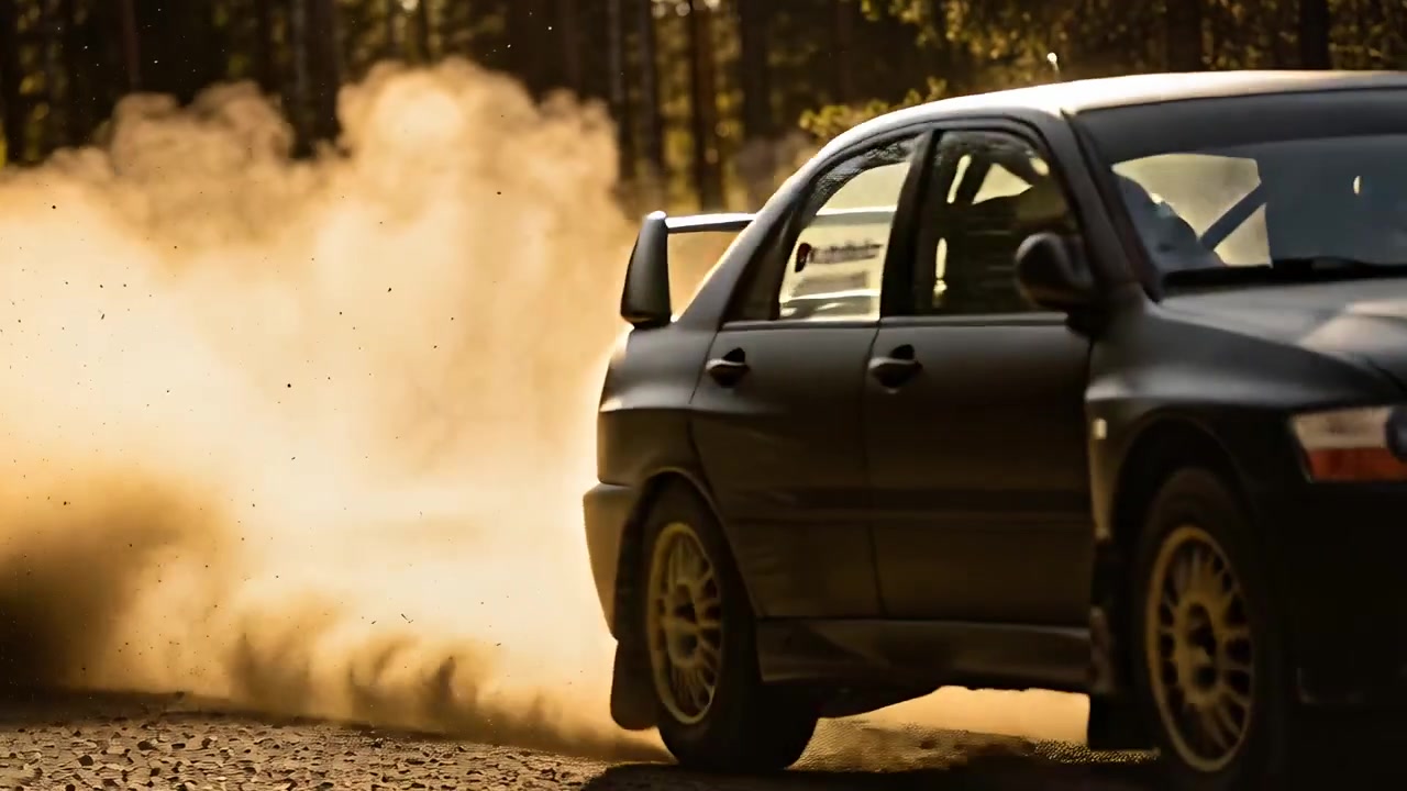Fører styrer en mat rallysedan, der skrider på grus i et sving, holder tempoet, hjelme er synlige.