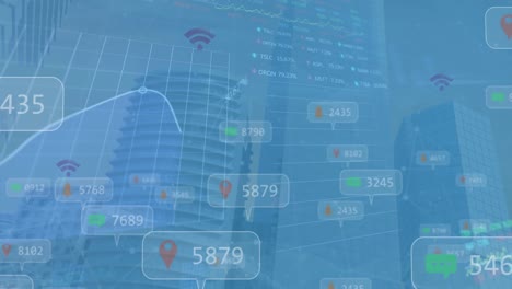 Animation-Von-Benachrichtigungsleisten,-WLAN-Symbolen,-Diagrammen-Und-Handelstafeln-über-Modernen-Gebäuden