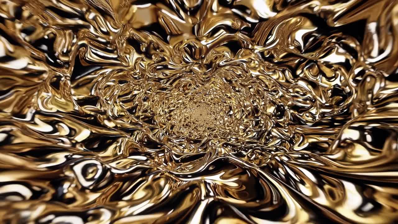 Un liquido dorato scorre in modo fluido, creando motivi e texture accattivanti che si evolvono attraverso una sequenza di movimento dinamica, evidenziando la bellezza della fluidità e della lucentezza