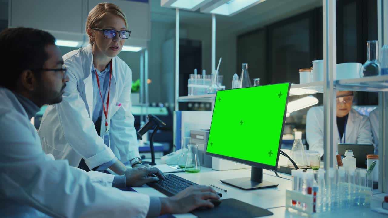 una científica de investigación tiene una conversación con un bioingeniero junto a una computadora de escritorio con una maqueta de pantalla verde. miran una plantilla de computadora en un laboratorio de ciencia moderno.