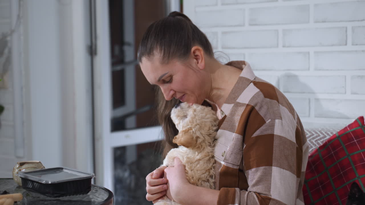 Young woman seated on sofa holding and petting Tibetan terrier puppy while smiling and speaking gently in cozy living room with brick wall background and green plants, capturing affectionate pet bond