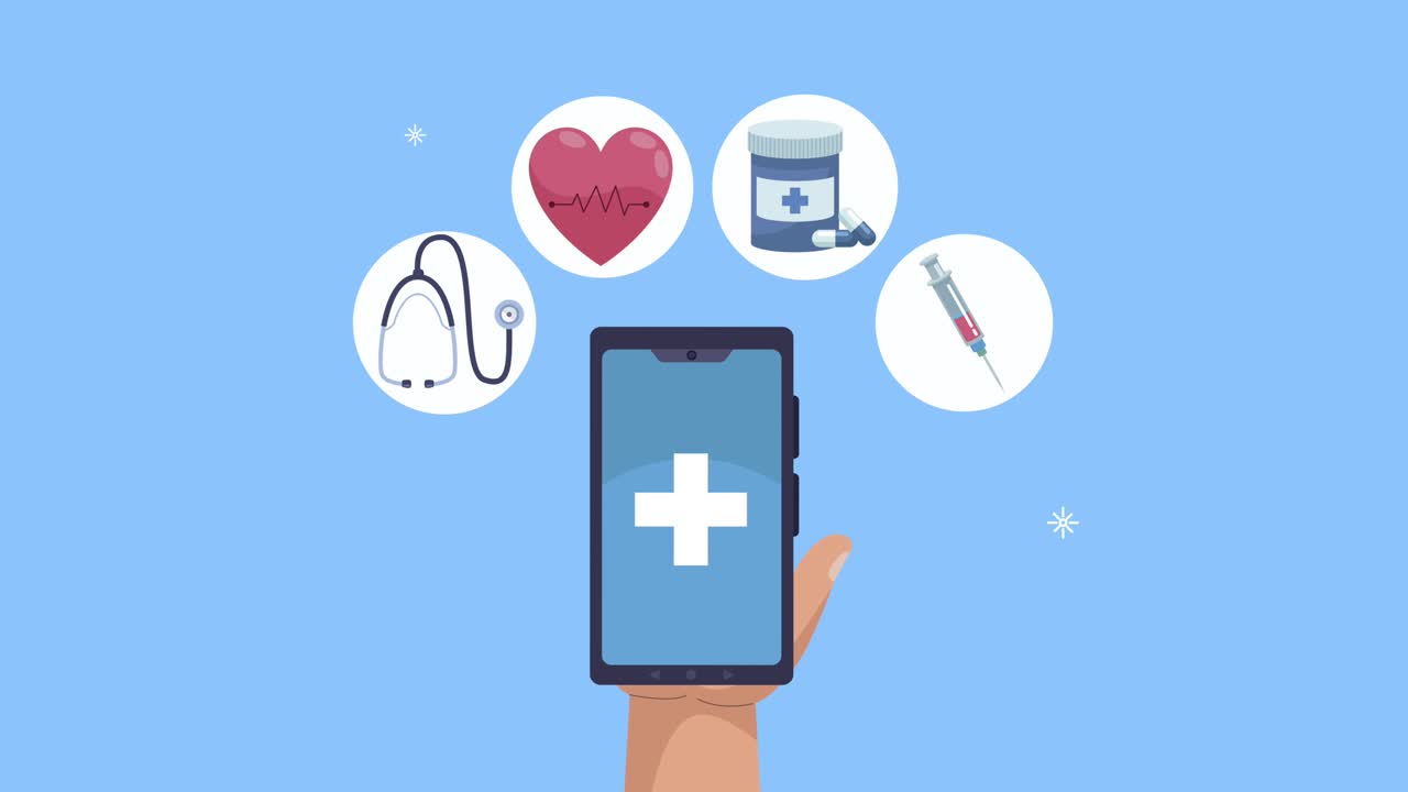 teléfono inteligente con animación de iconos médicos