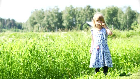 Mädchen,-Das-An-Einem-Windigen-Sommertag-Vor-Einem-Feld-Auf-Eine-Blume-Bläst