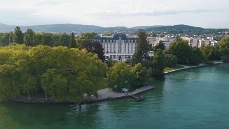 aerial view of a lakeside hotel in switzerland