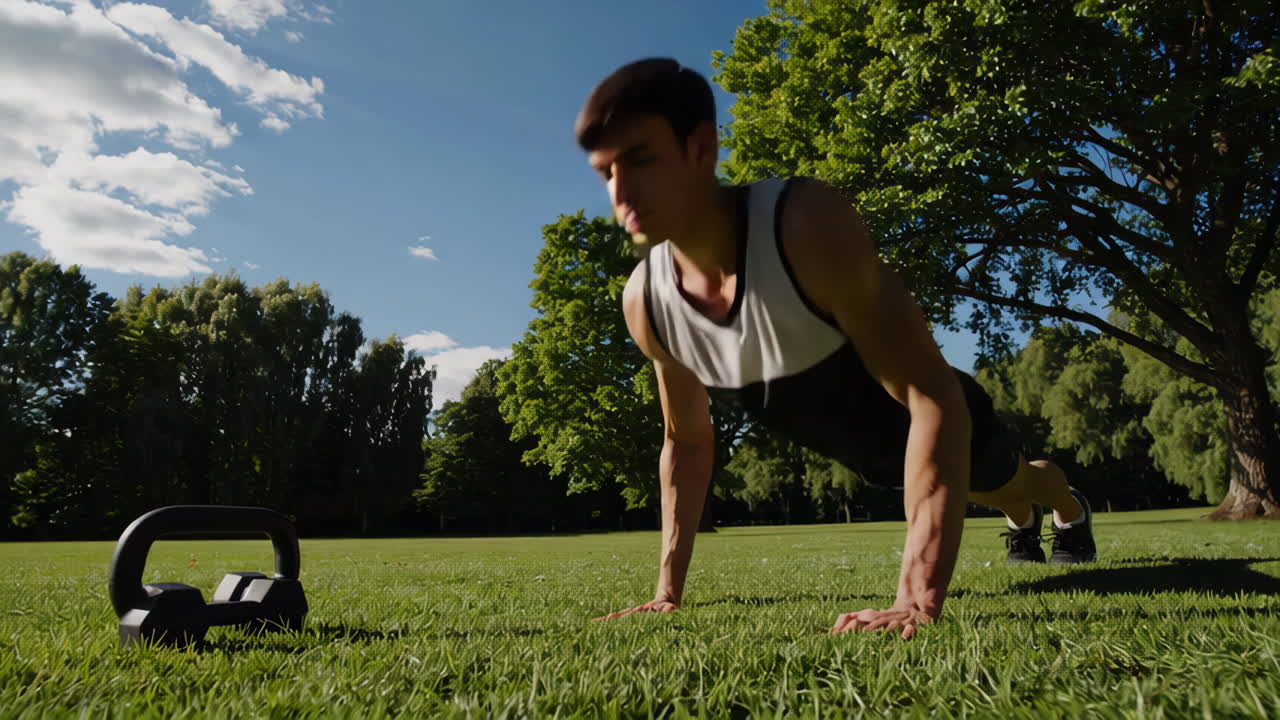 Man performing push-ups in a park with a kettlebell