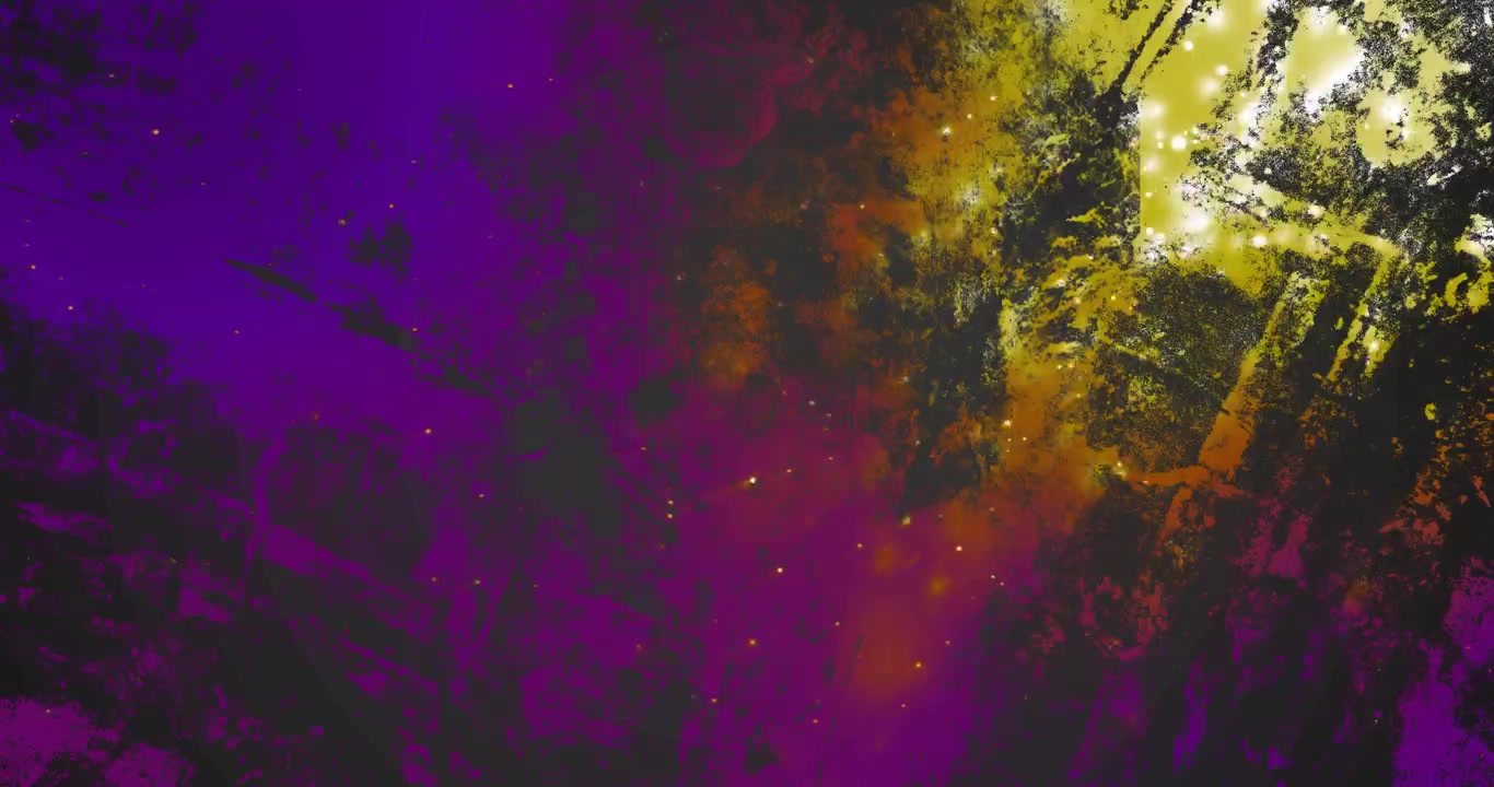 Começando roxo, um aglomerado amarelo-dourado emergindo, partículas pulsantes e cintilantes revelando padrões.