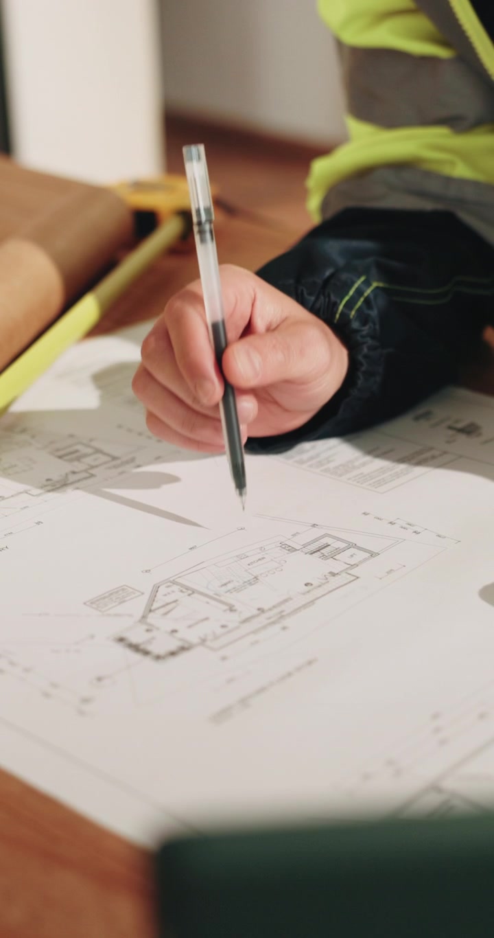 Architect Reviewing Construction Blueprints with Pen