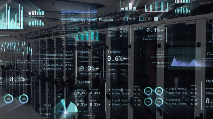 Animation of texts, graphs, loading circles and bars against server room in background