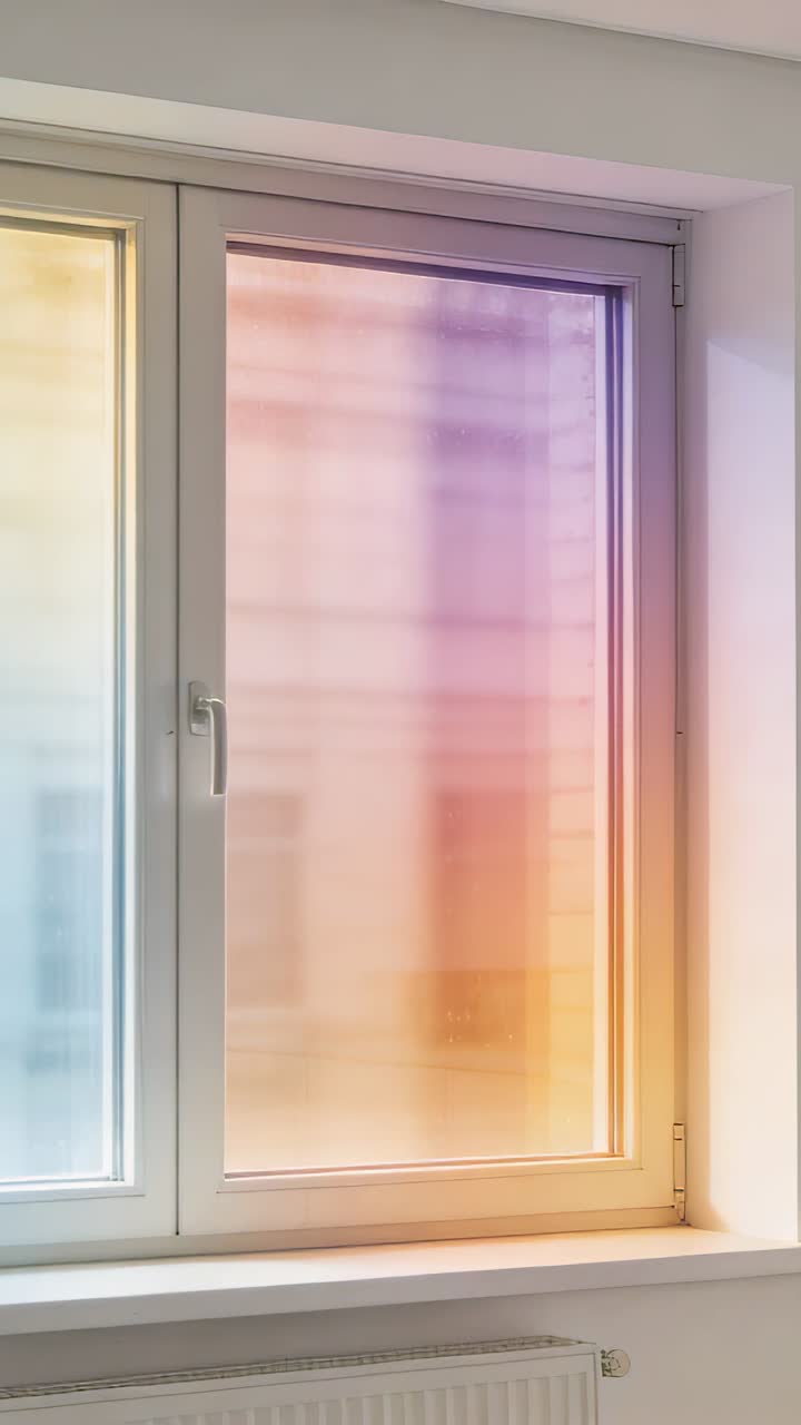 Video vertical: Mostrando una ventana de PVC que refleja la luz solar cambiante en un apartamento, con manija y calefactor.