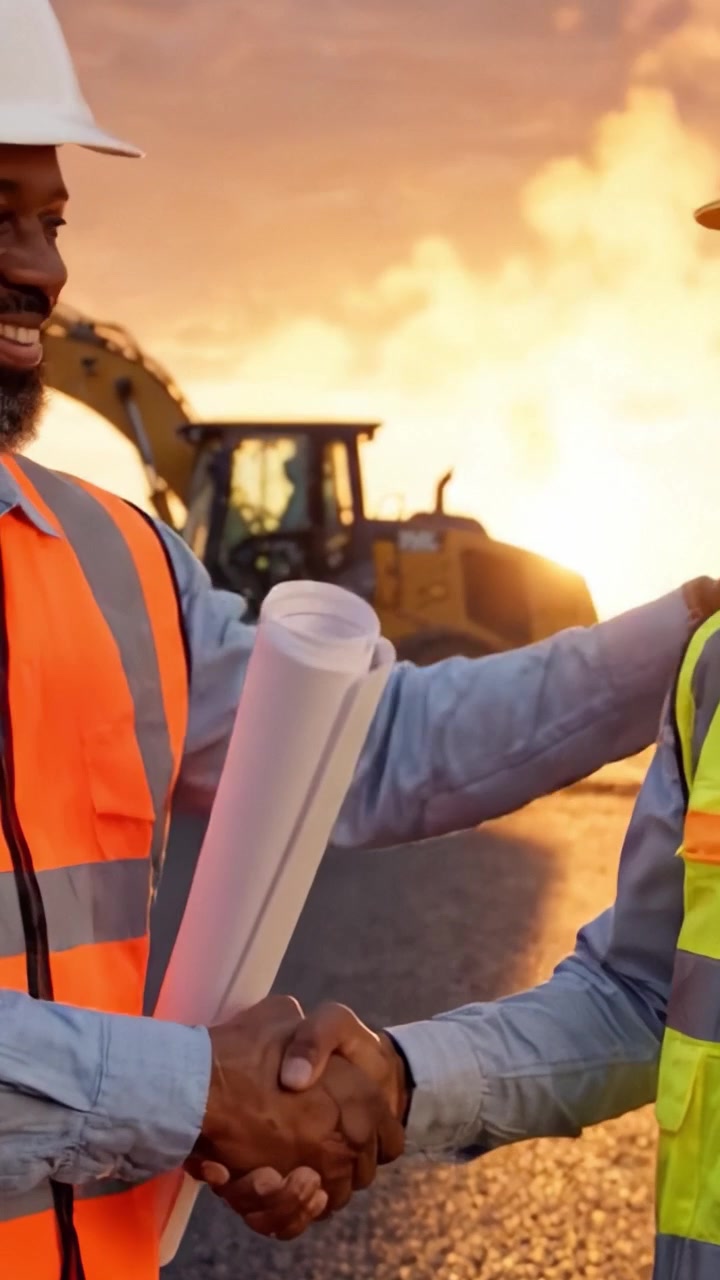 Construction Site at Sunset: A Worker Directing Heavy Machinery with a Beautiful Orange Sky as the Backdrop