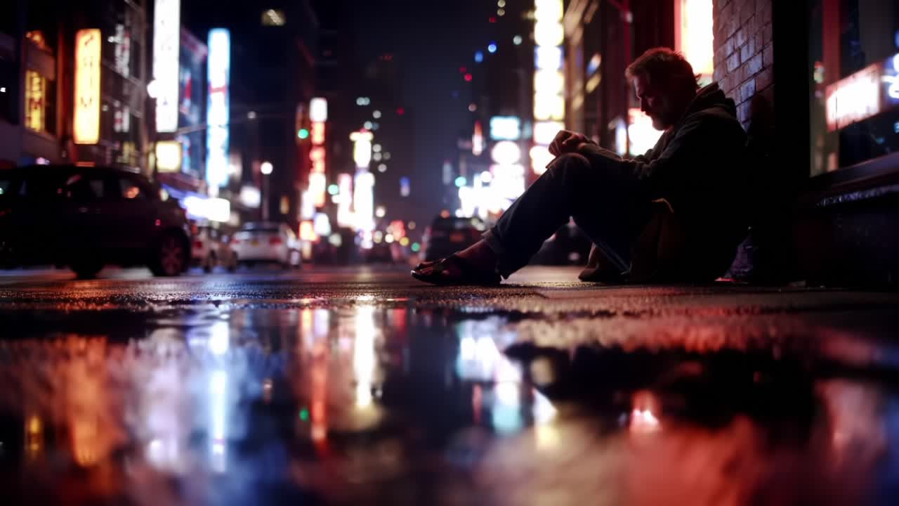 A Solitary Figure Sits in the Rain on a Neon-Lit Street at Night, Reflecting on Life Amidst the Vibrant Glow of City Lights and the Sound of Passing Cars