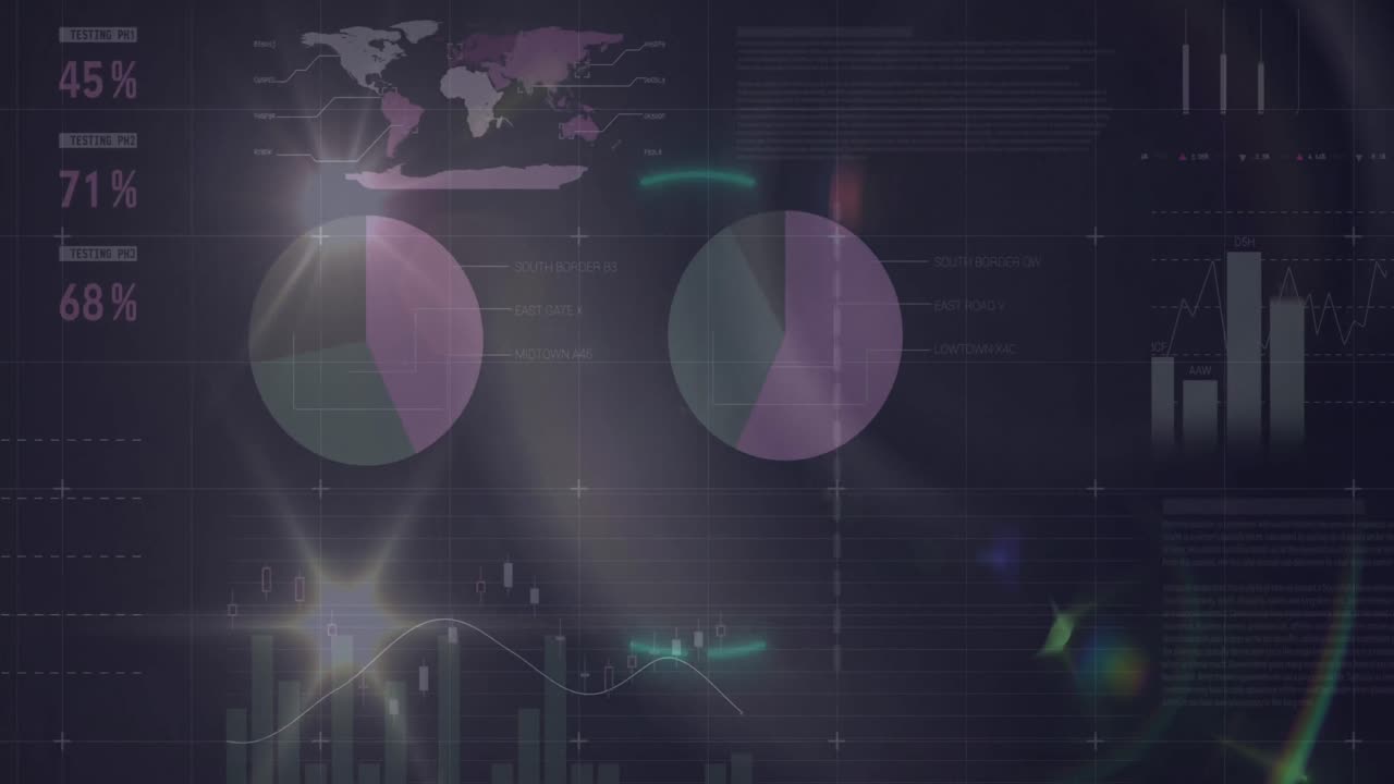 animación de círculos de neón sobre el procesamiento de datos y el mapa del mundo.